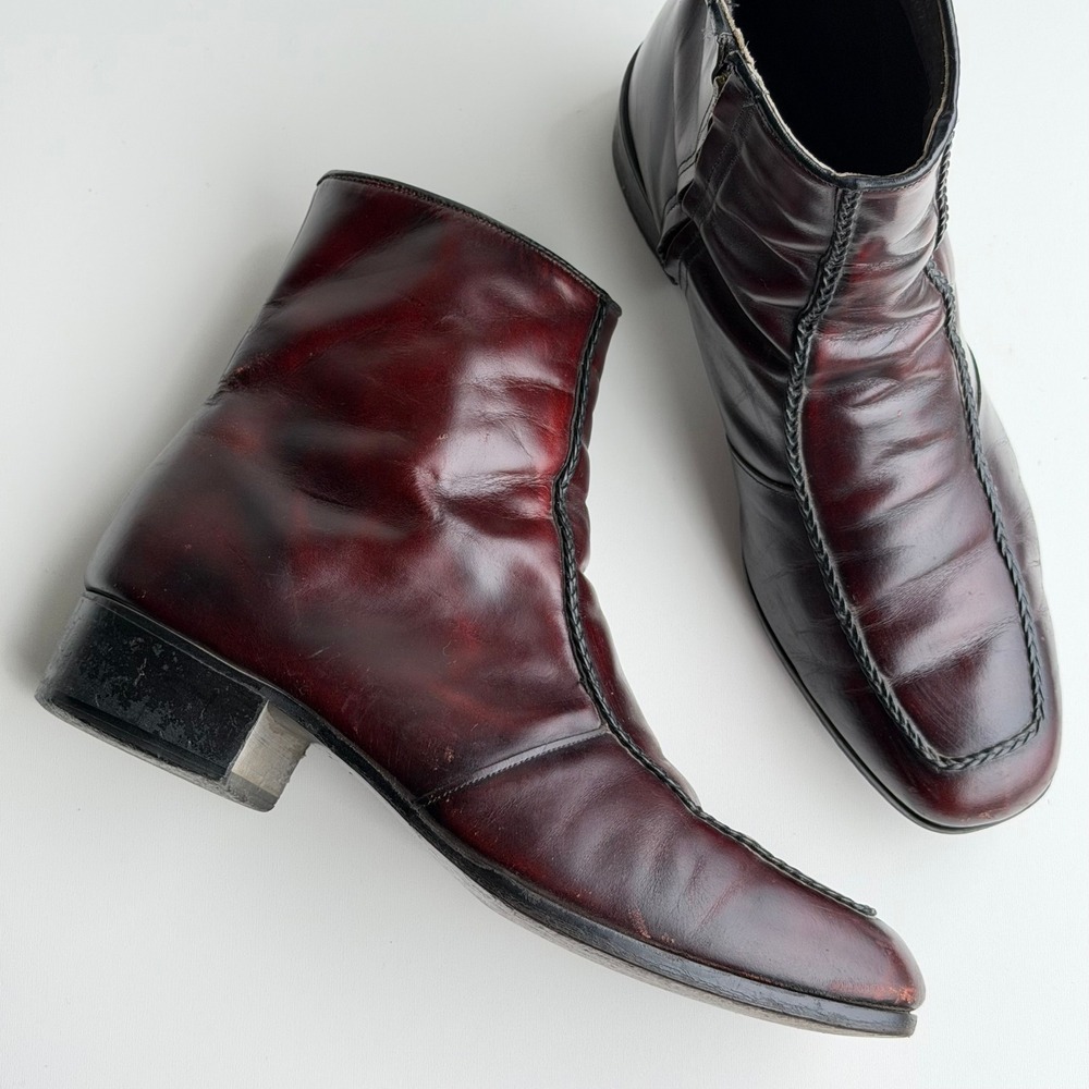 Vintage Beatle Boots Mens 9 Oxblood Leather Cuban Heel Talon Zip Western 70s